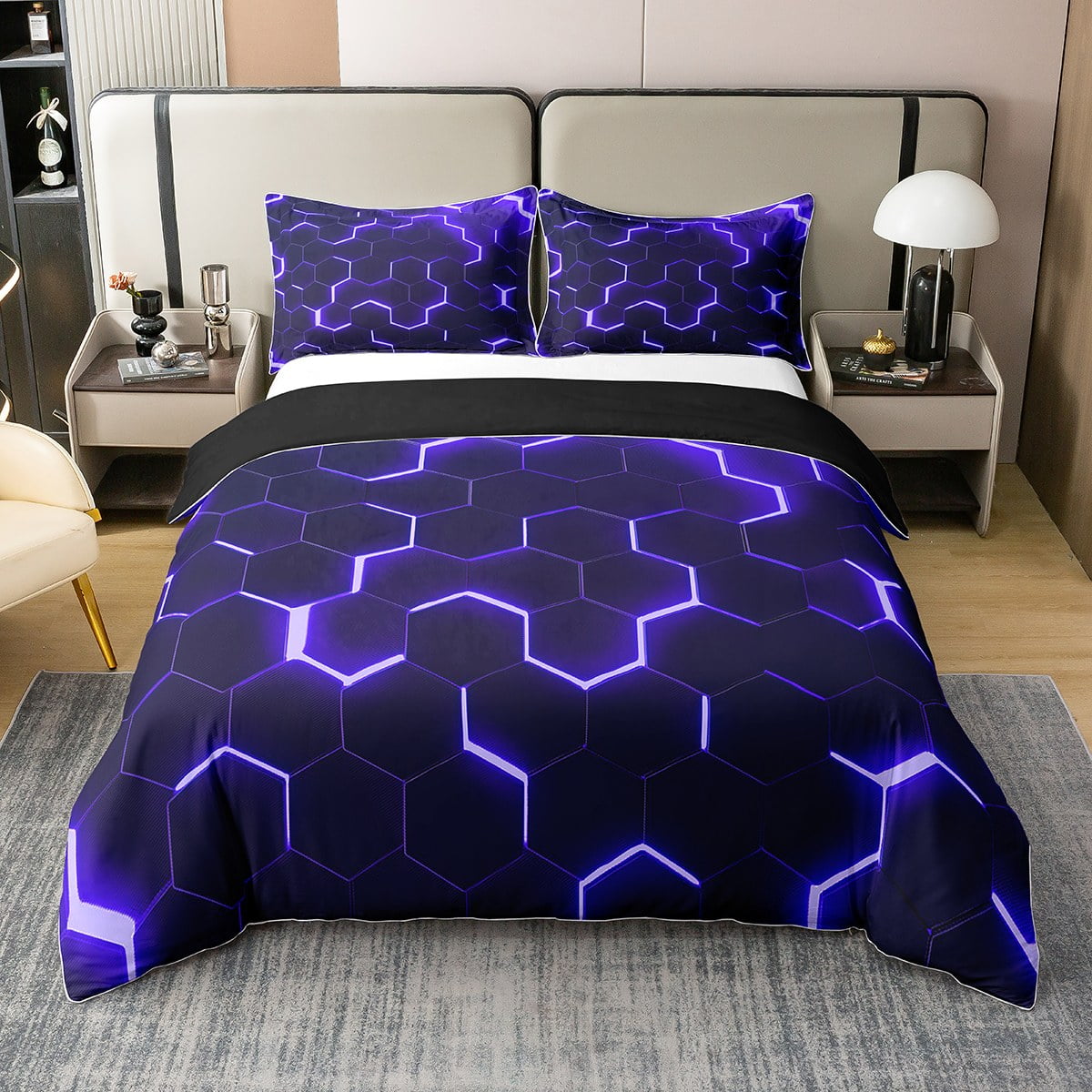 100 Cotton Purple Geometric Bedding Set,Hexagon Beehive