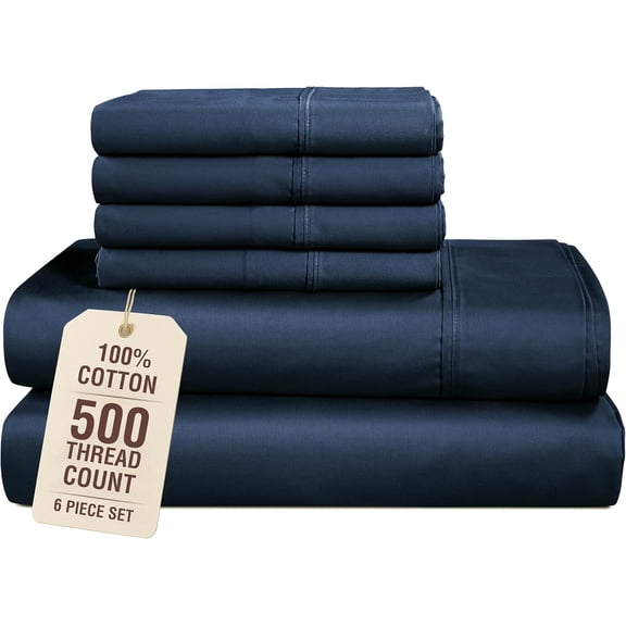 100% Cotton Queen Bed Sheets 6 Piece Set 500 Thread Count Sateen 15 Inch Deep Pocket Fitted Sheet Navy Blue