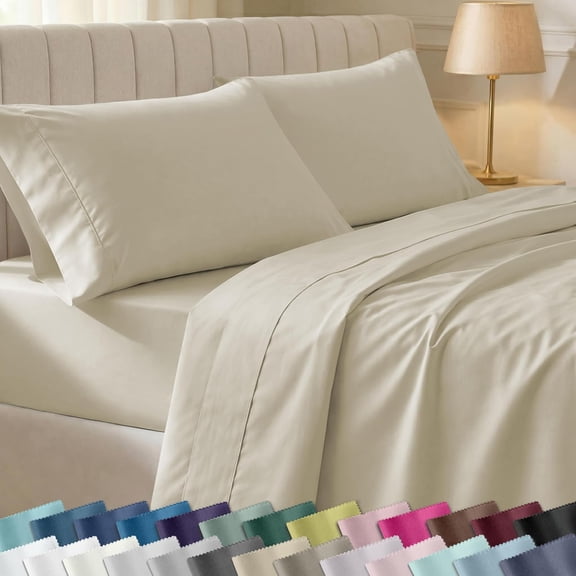 100% Cotton Queen Bed Sheets Set 400 Thread Count Sateen Weave Deep Pockets Beige