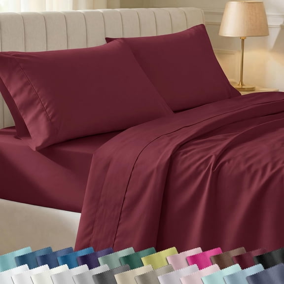 100% Cotton Queen Bed Sheets Set 400 Thread Count Sateen Weave Deep Pockets Burgundy Red