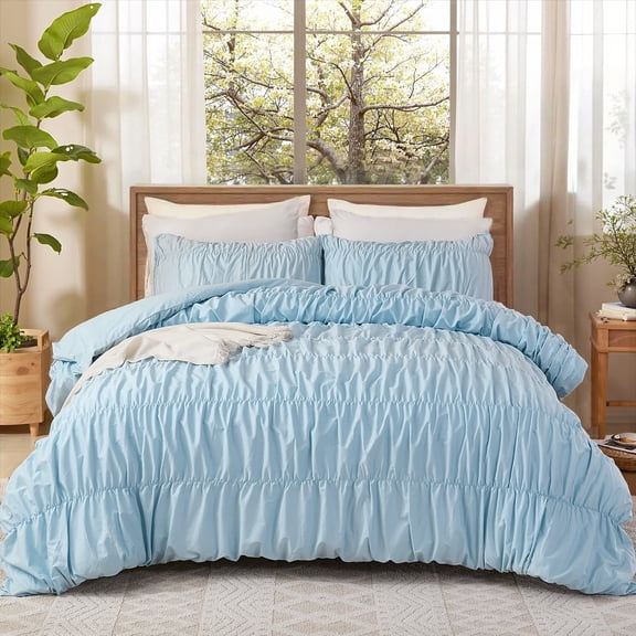 100% Cotton Queen Comforter Set,Blue Ruched Comforter,Luxury Boho Bedding Set,Blue Cinched Fluffy Comforter for Bedroom,3 Pcs Vintage Ruffle Bedding Aesthetic Room Decor for All Seasons