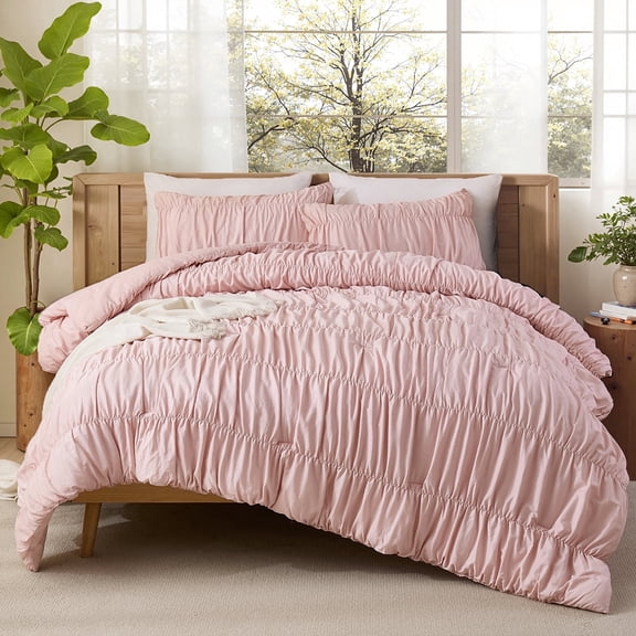 100% Cotton Comforter Set Queen Size,Pink Ruched Comforter Bedding Set,Pink Cinched Ruffle Comforter for Bedroom,3 Pcs Vintage Ruffle Bedding Aesthetic Room Decor for All Seasons