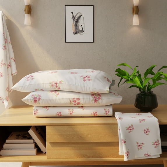 Color Sense 100% Cotton Queen Pink Floral Flannel Sheet Set, Double Brushed and Extra Warm 4-Piece Set