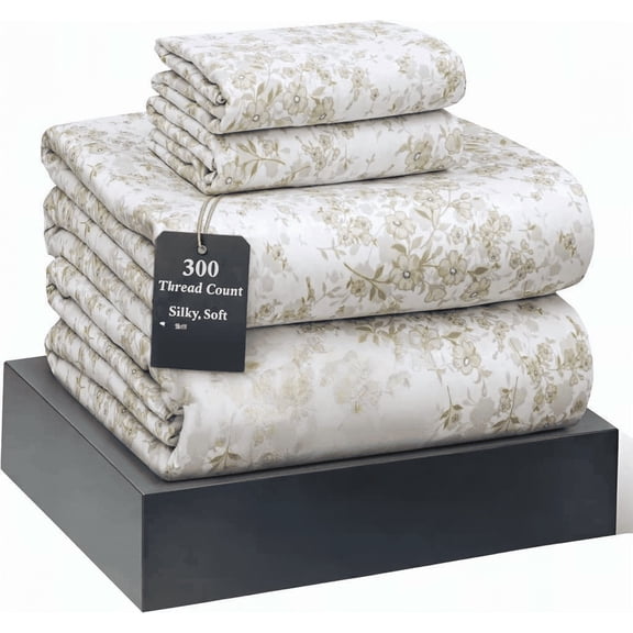 100% Cotton Queen Sheet Set 300 Thread Count Sateen Weave Cooling Lightweight Breathable 16 Inch Deep Pocket 4 Piece Classic Bliss