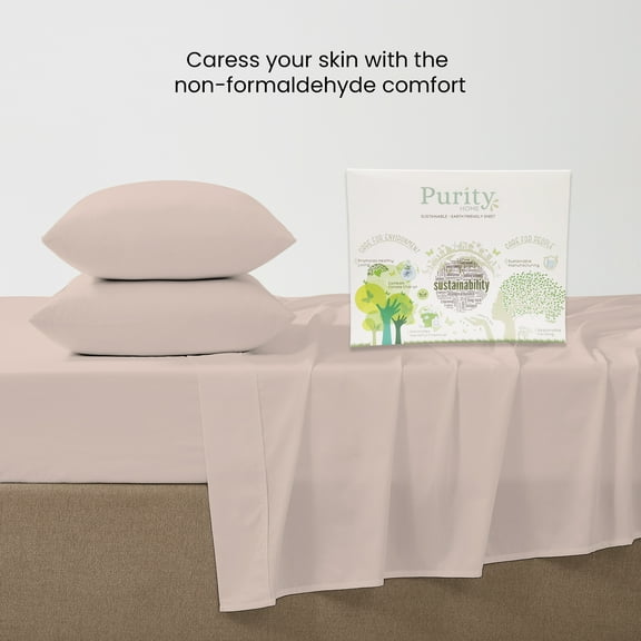 Purity Home 100% Cotton Queen Sheet Set, 400 Thread Count Sateen Green Wrinkle-Resistant 4- Piece Set Blush