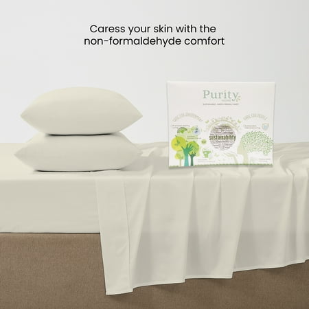 Purity Home 100% Cotton Queen Sheet Set, 400 Thread Count Sateen Green Wrinkle-Resistant 4- Piece Set Ivory