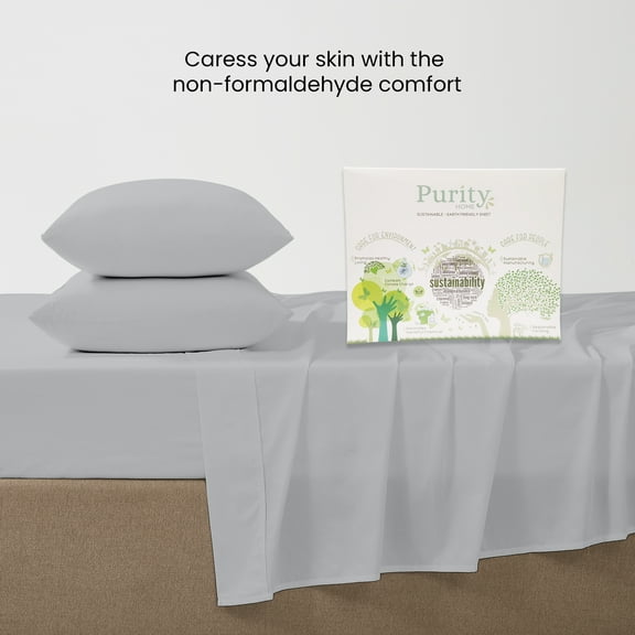 Purity Home 100% Cotton Queen Sheet Set, 400 Thread Count Sateen Green Wrinkle-Resistant 4- Piece Set Light Gray