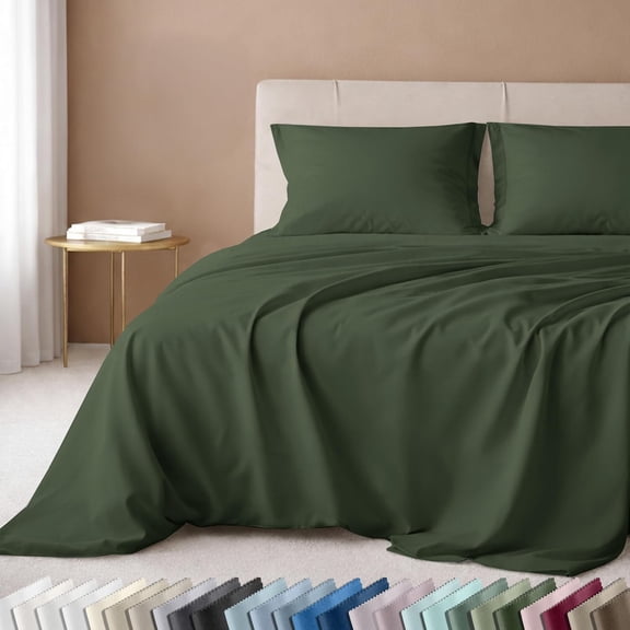 100% Cotton Queen Sheet Set 600 Thread Count Sateen Weave Deep Pocket Dark Olive Green
