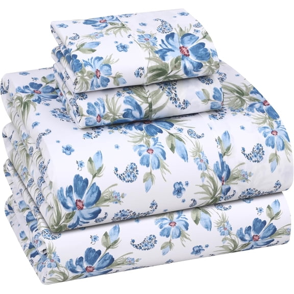 100% Cotton Queen Size Sheet Set 4 Pieces Deep Pocket 16 Inch Percale Weave Floral Pattern