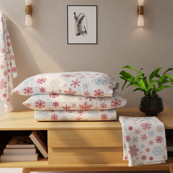 Color Sense 100% Cotton Queen Snowflake Flannel Sheet Set, Double Brushed and Extra Warm 4-Piece Set