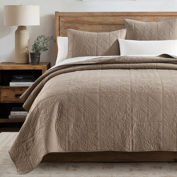 100% Cotton Quilt Patchwork Full/Queen Size, Taupe Farmhouse Bedspread Coverlet Pre Washed Soft Breathable, Lightweight All Season Bedding Set