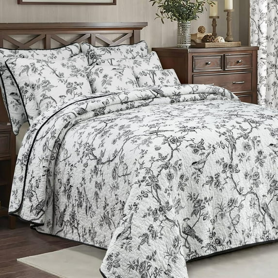100% Cotton Quilt Queen Size Black Bird Bedding Set Double Printing Lightweight Quilt Reversible Coverlet Bedspread with Pillow Shams All Seasons 3 Pieces (92"x96")