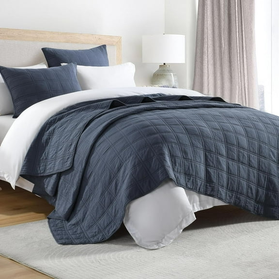 100% Cotton Quilt Set Twin Size Denim Blue Pre-Washed Geometric Pattern with 1 Sham
