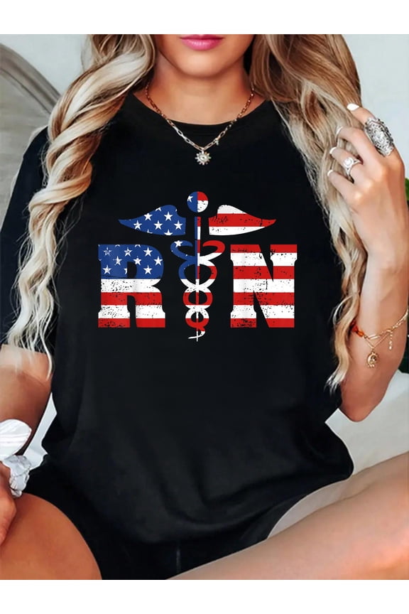 100% Cotton RN Registered Nurse Patriotic USA Flag Nursing 4th of July T-Shirt Women's Graphic Tee Casual Tops