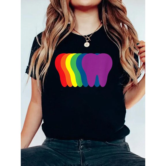 100% Cotton Rainbow Teeth LGBT Dentistry Dentist T-Shirt Women's Graphic Tee Casual Tops