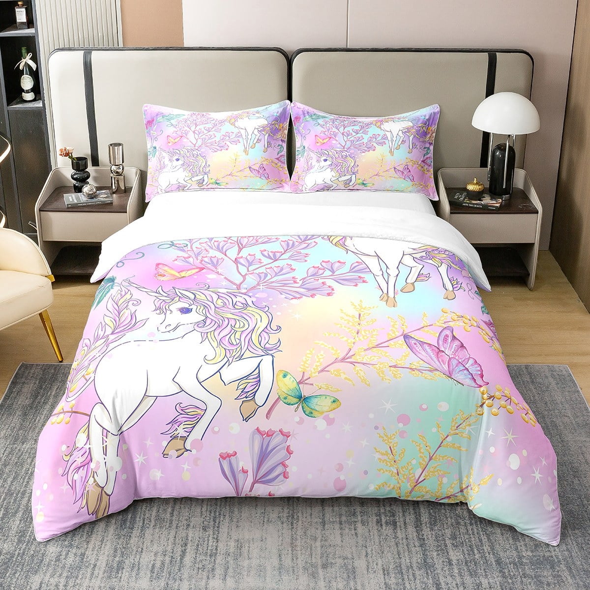 Btargot Twin Pink Cartoon Cat Reversible Comforter Set - 5 Piece Kids Bedding Set With Sheets, Rainbow Flowers Design