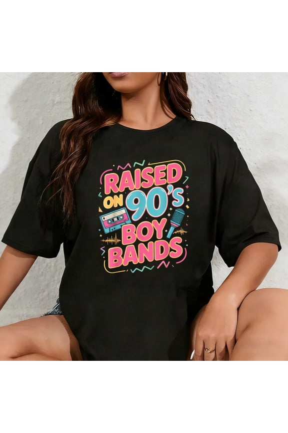 100% Cotton Raised On 90s Boy Band Retro Pop Music Cassette Microphone T-Shirt