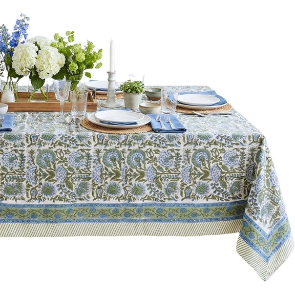 100% Cotton Rectangle Tablecloth, Handblock Floral Design, 60 x 108 Inches, Clover Blue