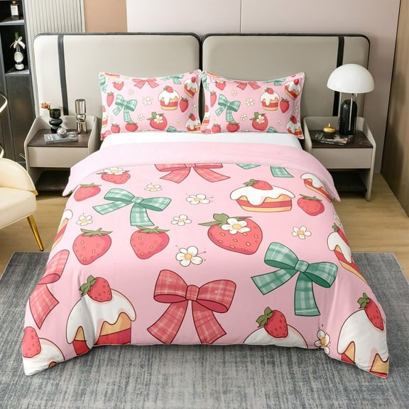100% Cotton Red Green Bowknots Bedding Set Twin Size,Cartoon Daisy Floral Comforter Cover Reverse,Kawaii Strawberry Duvet Cover Teens,(No Comforter)