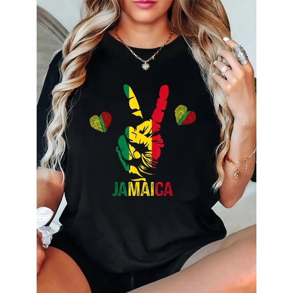 100% Cotton Reggae Rasta Colors Red Green Yellow Jamaica T-Shirt Women's Graphic Tee Casual Tops
