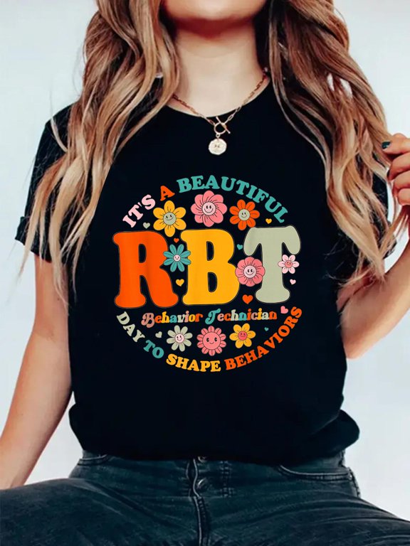 Cotton Registered Behavior Technician Vintage RBT Behavior Flower T-Shirt Women's Graphic Tee Casual Tops