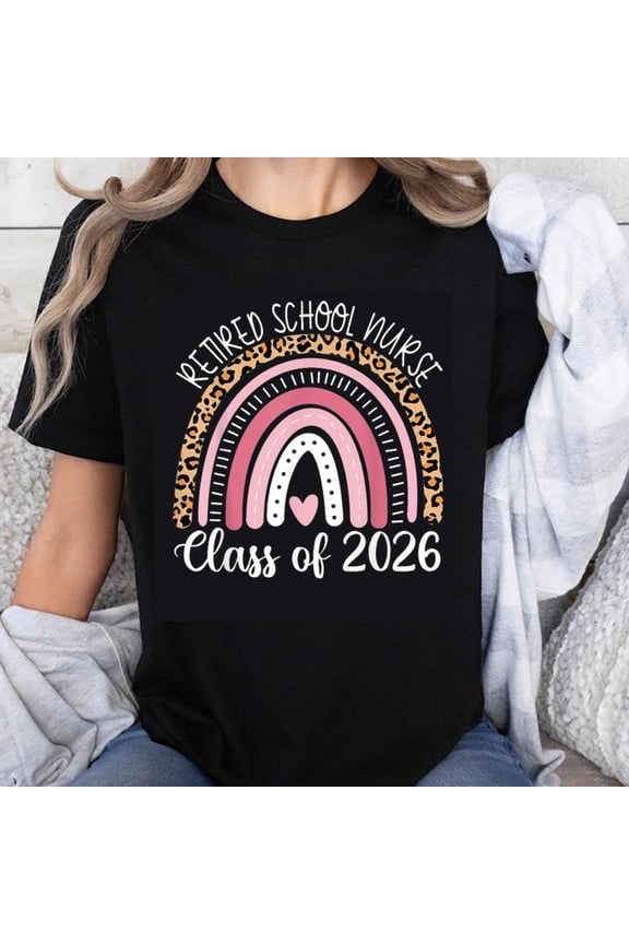 100% Cotton Retired School Nurse Class Of 2026 Rainbow Leopard Print Gift For Nurses Retirement Celebration T-Shirt