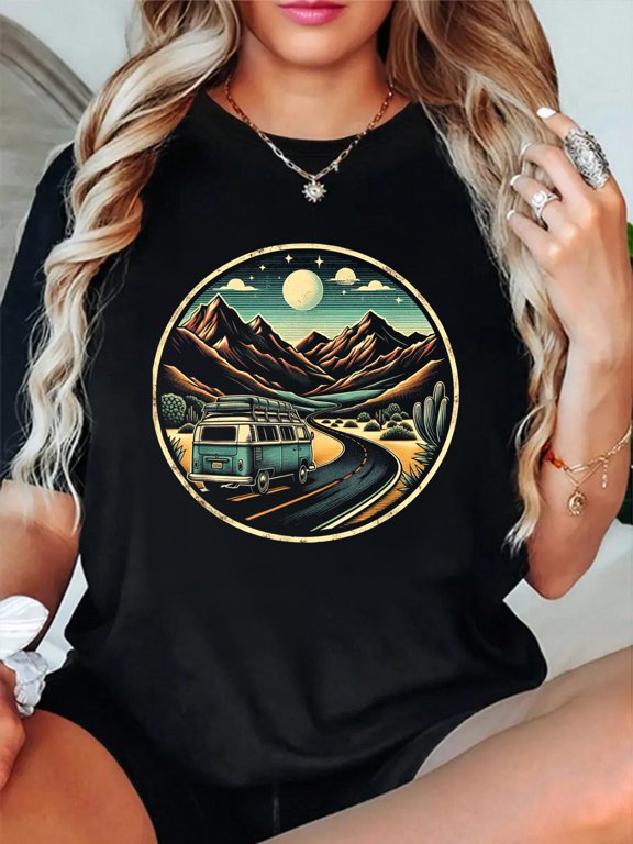 Cotton Retro Adventure Apparel Vintage Van Scenic Road Trip T-Shirt Women's Graphic Tee Casual Tops