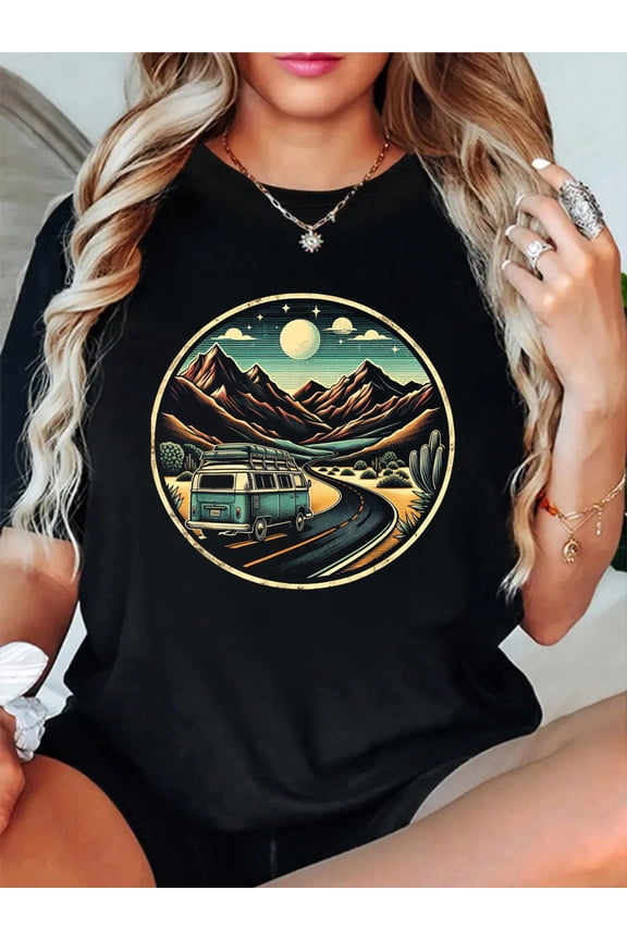 100% Cotton Retro Adventure Apparel Vintage Van Scenic Road Trip T-Shirt Women's Graphic Tee Casual Tops