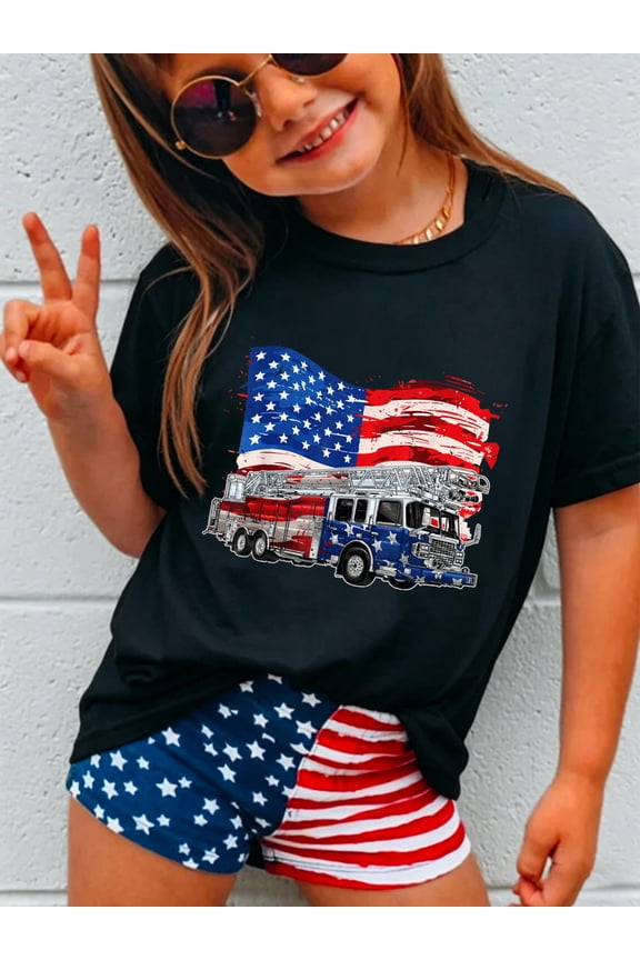 100% Cotton Retro Fire Truck Firefighter Fireman USA Flag 4th of July Kids T-Shirt