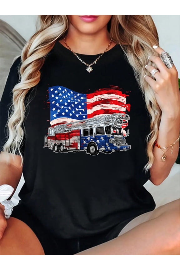 100% Cotton Retro Fire Truck Firefighter Fireman USA Flag 4th of July T-Shirt Women's Graphic Tee Casual Tops