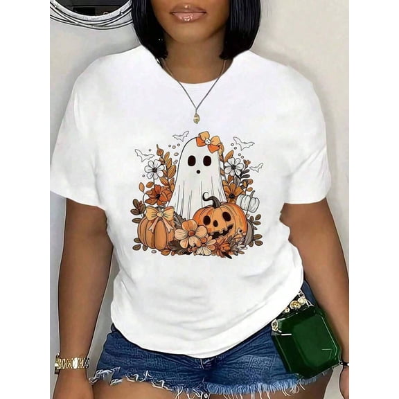 100% Cotton Retro Floral Ghost Cute Pumpkin Autumn Halloween Women Kids T-Shirt Women's Summer Plus Size Classic Soft Crew Neck Tee Tops