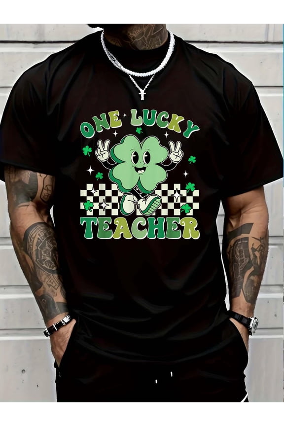 100% Cotton Retro Groovy One Lucky Teacher Shamrock Face St Patrick Day T-Shirt Graphic T-shirts for men and women