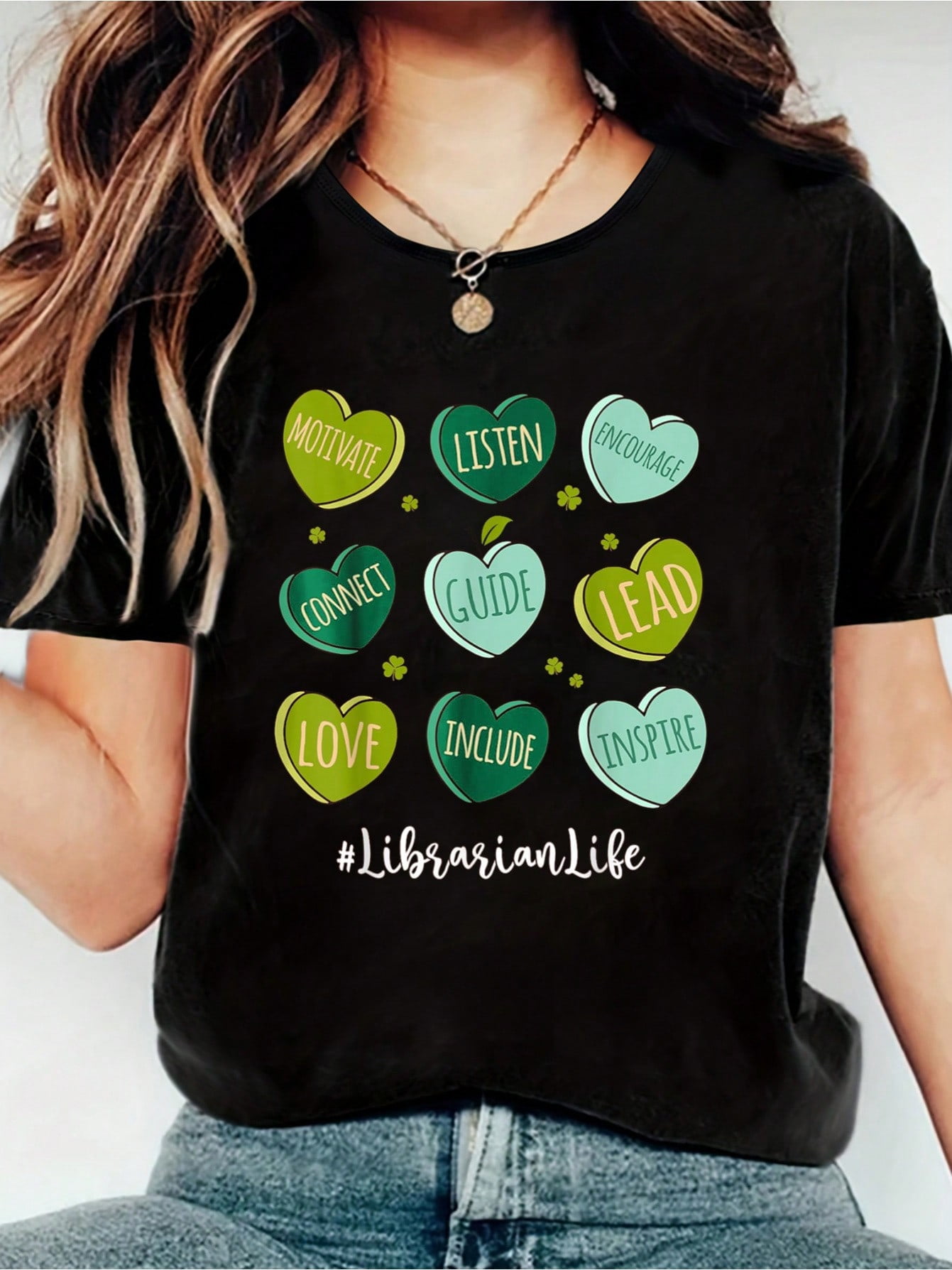 100% Cotton Retro Hearts Librarian Life Funny St Patrick's Day Print ...
