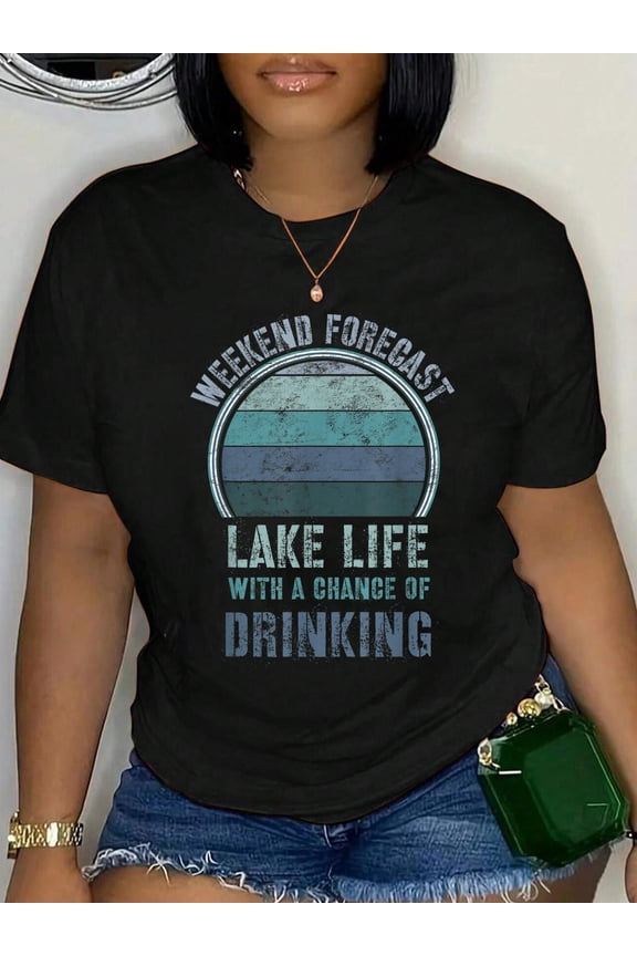 100% Cotton Retro Lake Life Apparel Lake Lover Weekend Forecast Drinking T-Shirt Small Women's Men's Graphic Tee Casual Tops