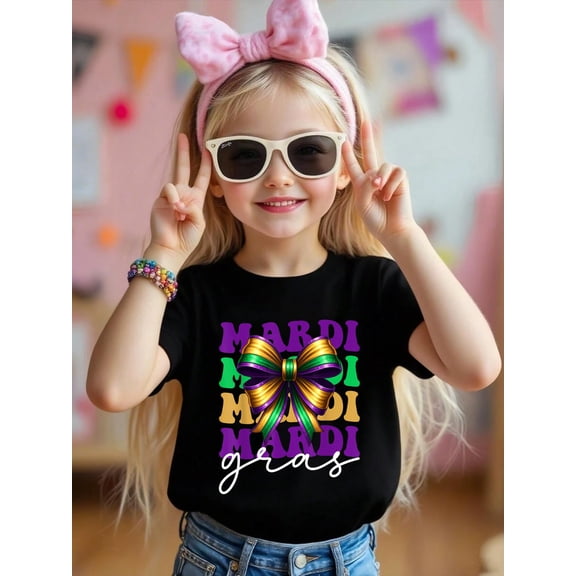 100% Cotton Retro Mardi Gras Coquette Bow Louisiana New Orleans Tuesday Kid T-Shirt Graphic T-shirts for boys and girls