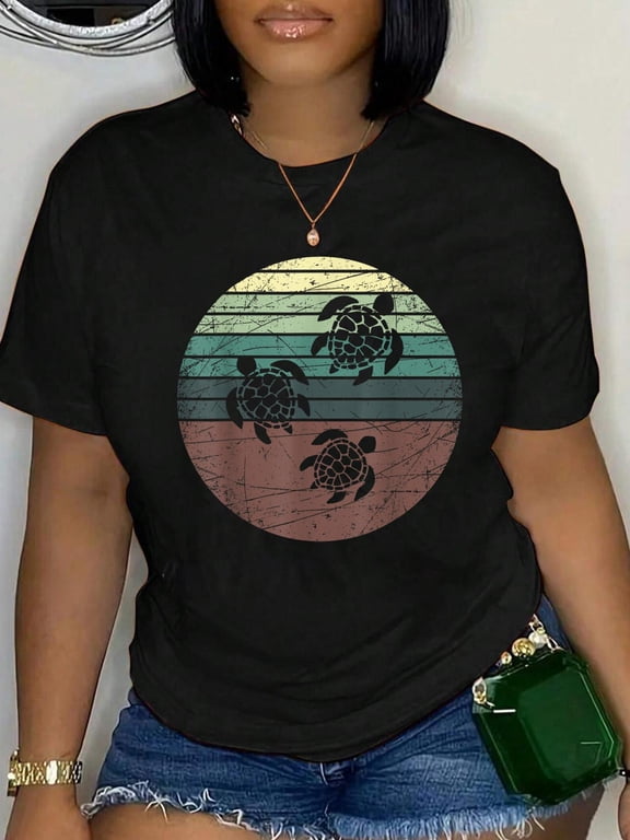 100% Cotton Retro Sea Turtle T-Shirt Women's Graphic Tee Casual Tops