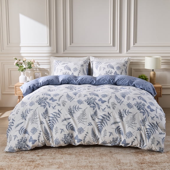 100% Cotton Reversible Duvet Cover Set Leaf & Floral Pattern Comforter Cover with Zipper Closure, 3 Pieces Soft & Breathable Bedding Set with 2 Pillowcases 20"x26"