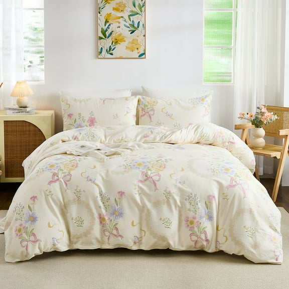 100% Cotton Reversible Duvet Cover Set with Zipper Closure, 3 Pieces Soft & Breathable Aesthetic Bow Cream Bedding Set with 2 Pillowcases