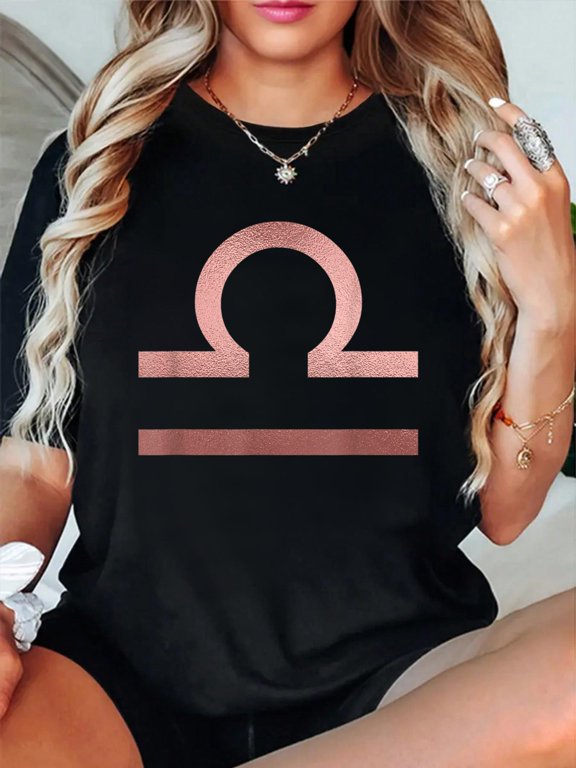 100% Cotton Rose Gold Libra Scales Symbol Zodiac Star Sign T-Shirt Women's Graphic Tee Casual Tops