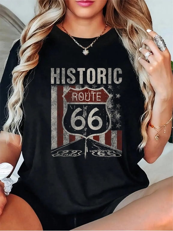 100% Cotton Route 66 T-Shirt, Vintage USA Highway Graphic Tee, Historic America Road Sign Retro Print Shirt, Classic Road Trip Casual Short Sleeve Crew Neck Gift T-Shirt for Men and Women