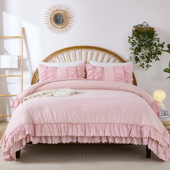 100% Cotton Ruffled Comforter Queen Size,Boho Ruffle Bedding 3-Piece, Ultra Soft Farmhouse Comforter & Pillow Shams, Elegant French Country Chic Style for All Seasons Home Decor