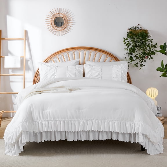 100% Cotton Ruffled Comforter Queen Size,Boho Ruffle Bedding 3-Piece, Ultra Soft Farmhouse Comforter & Pillow Shams, Elegant French Country Chic Style for All Seasons Home Decor