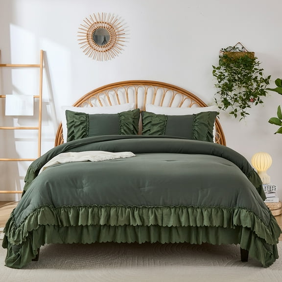 100% Cotton Ruffled Comforter Queen Size,Boho Ruffle Bedding 3-Piece, Ultra Soft Farmhouse Comforter & Pillow Shams, Elegant French Country Chic Style for All Seasons Home Decor