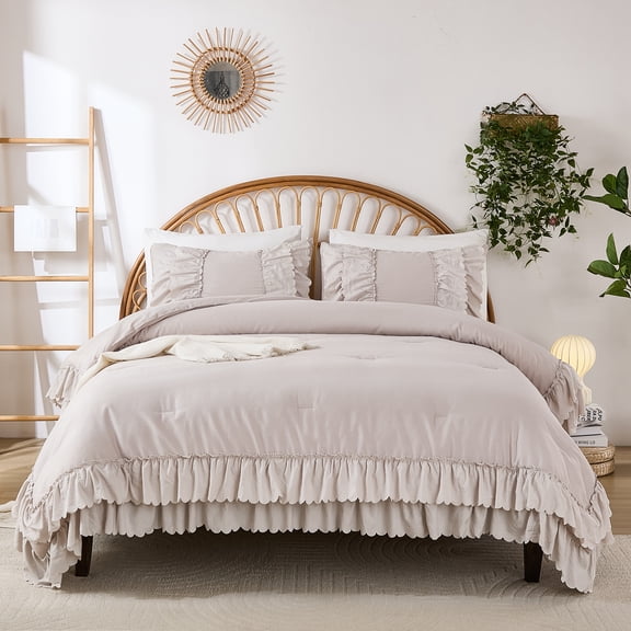 100% Cotton Ruffled Comforter Queen Size,Boho Ruffle Bedding 3-Piece, Ultra Soft Farmhouse Comforter & Pillow Shams, Elegant French Country Chic Style for All Seasons Home Decor