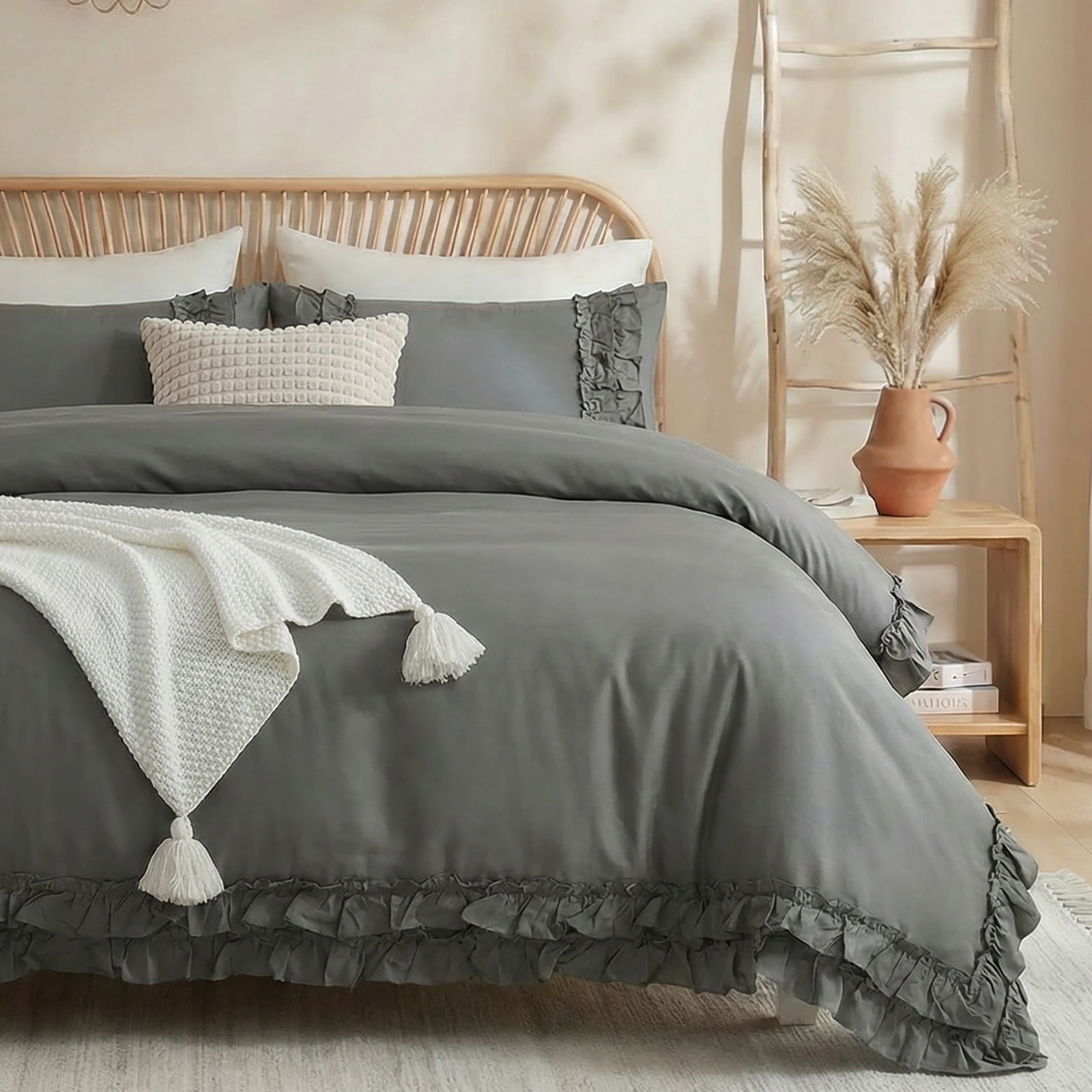 100% Cotton Ruffled Comforter Set Queen, White Shabby Chic Farmhouse Bedding Set French Country Cute Comforter Set