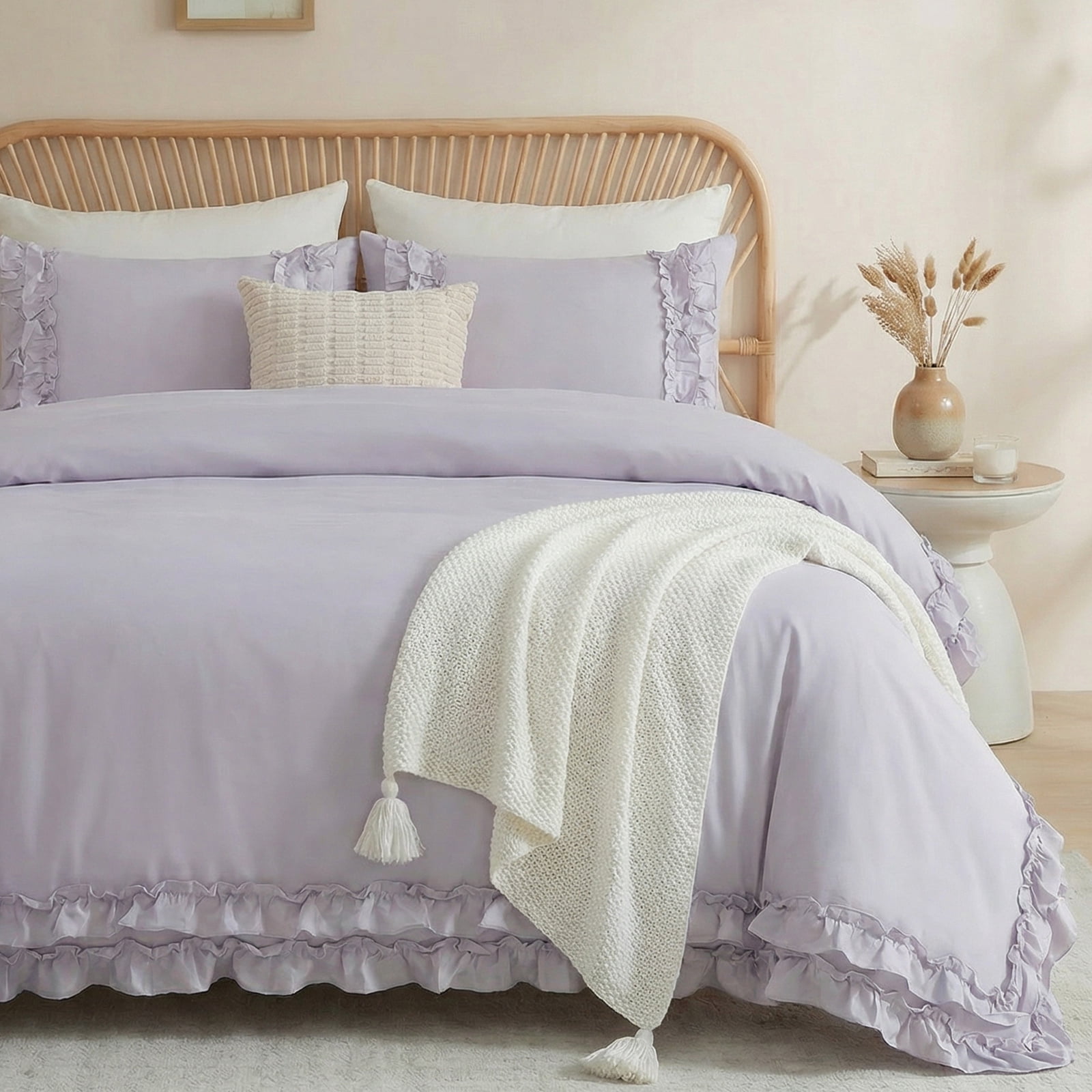 100% Cotton Ruffled Comforter Set Queen, White Shabby Chic Farmhouse Bedding Set French Country Cute Comforter Set