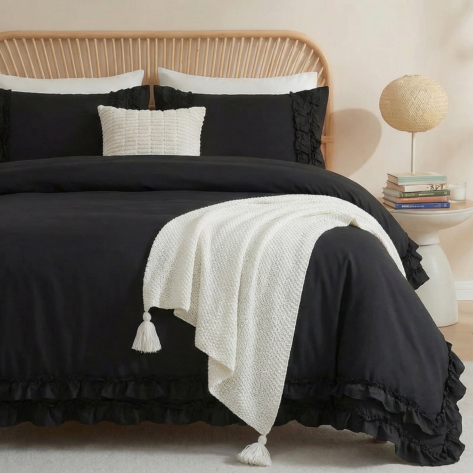 100% Cotton Ruffled Comforter Set Queen, White Shabby Chic Farmhouse Bedding Set French Country Cute Comforter Set