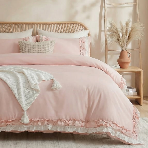 100% Cotton Ruffled Comforter Set Queen, White Shabby Chic Farmhouse Bedding Set French Country Cute Comforter Set