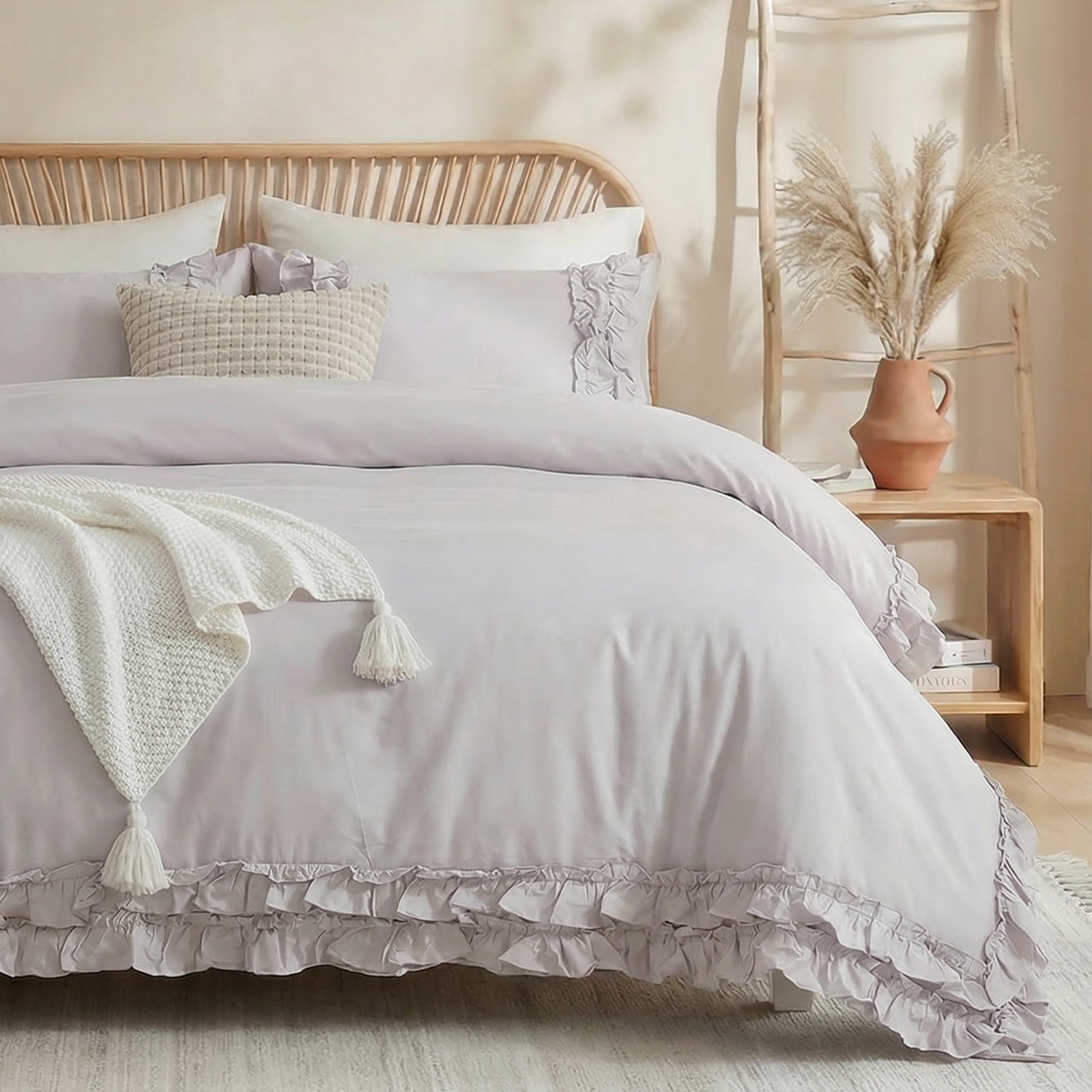 100% Cotton Ruffled Comforter Set Queen, White Shabby Chic Farmhouse Bedding Set French Country Cute Comforter Set