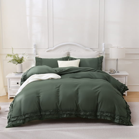 100% Cotton Ruffled Duvet Cover Set Queen, White Shabby Chic Farmhouse Bedding Set French Country Cute Comforter Cover